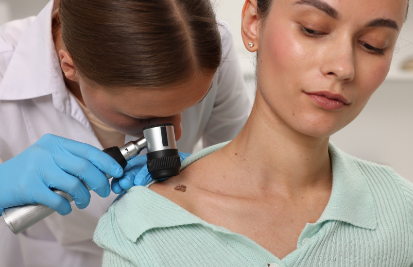 Clinician wearing gloves uses a handheld dermatoscope to examine a pigmented lesion on a woman’s shoulder during a skin check.